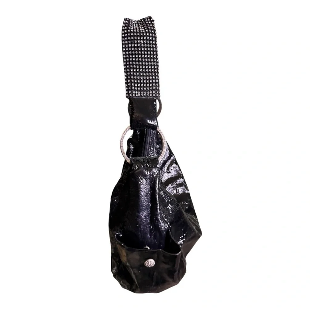 DXtouch Black Patent Leather Shoulder Bag Rhinestone Strap Y2K Glam Hobo Bag